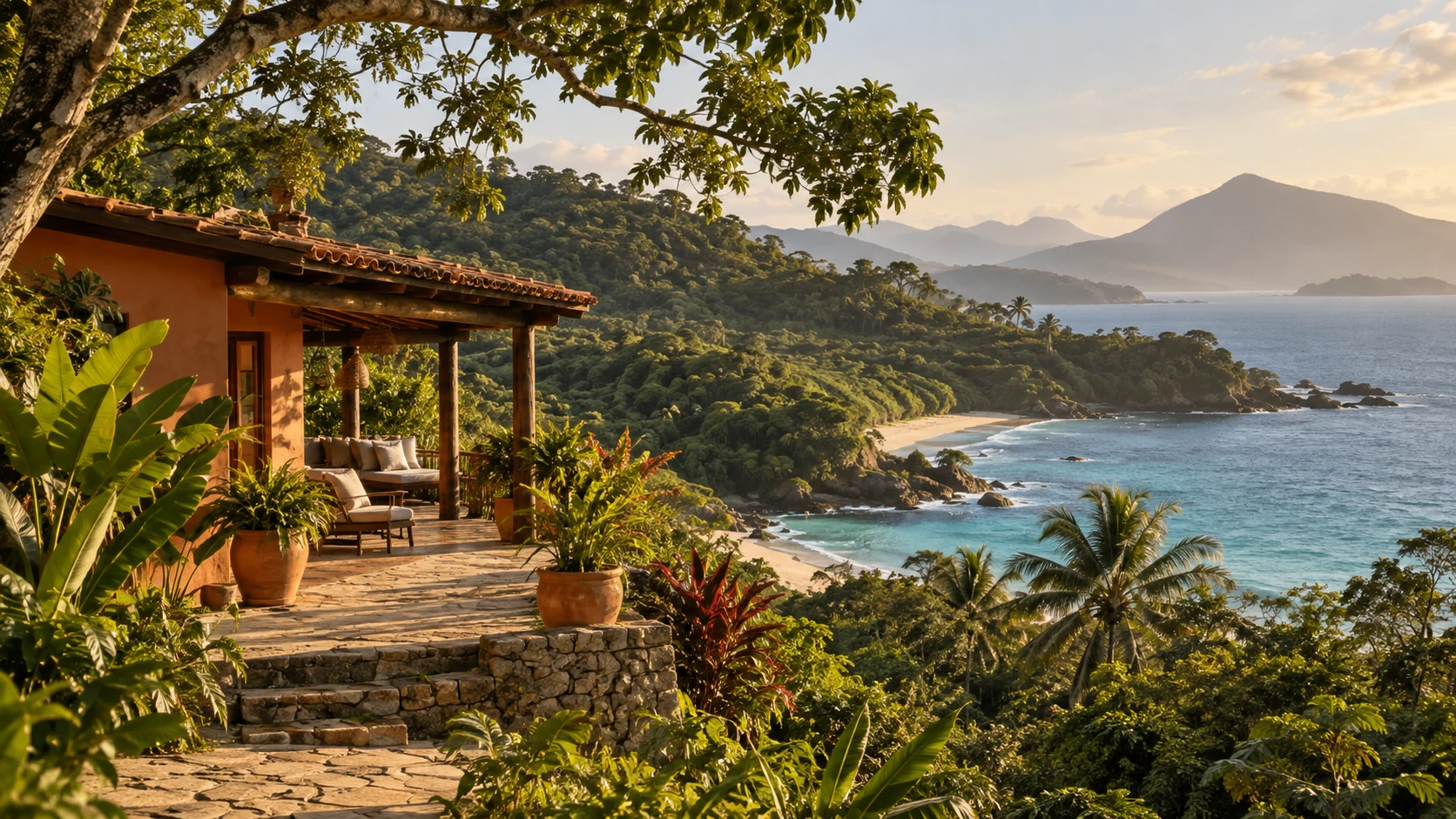 Paisagem brasileira com mar, montanhas e uma casa cercada de natureza